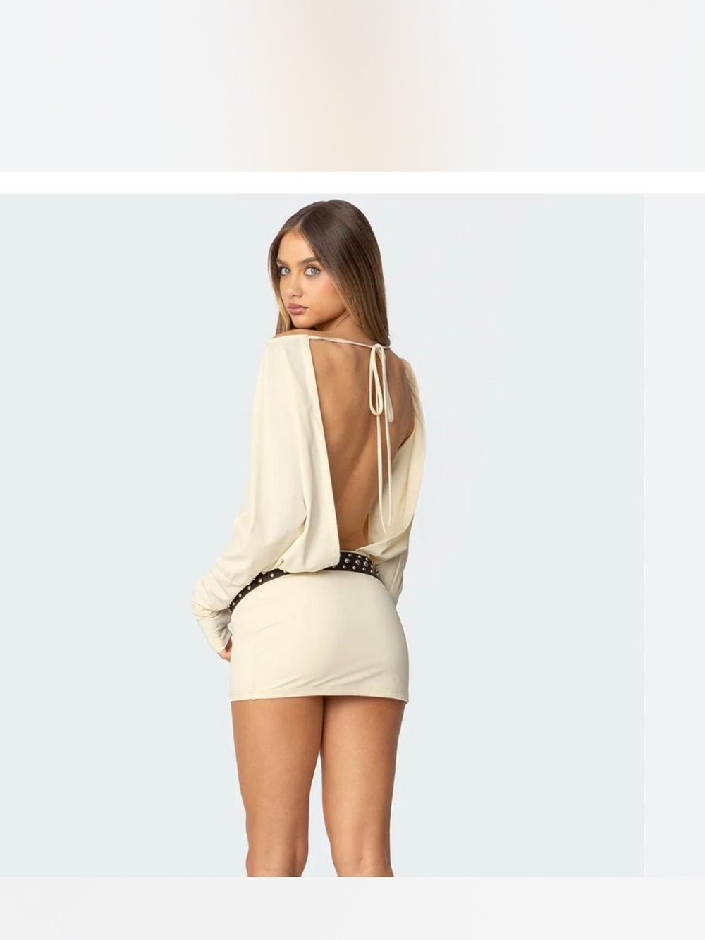 Edikted Cream Open-Back Long Sleeve Mini Dress